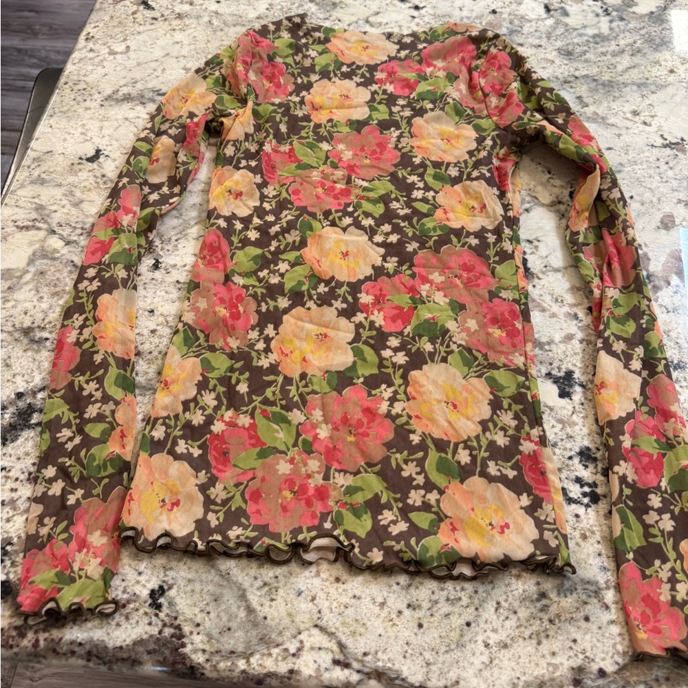 Vtg Ralph Lauren Floral Long Sleeve Mesh Top  Ruffle Y2K fairy grunge S read